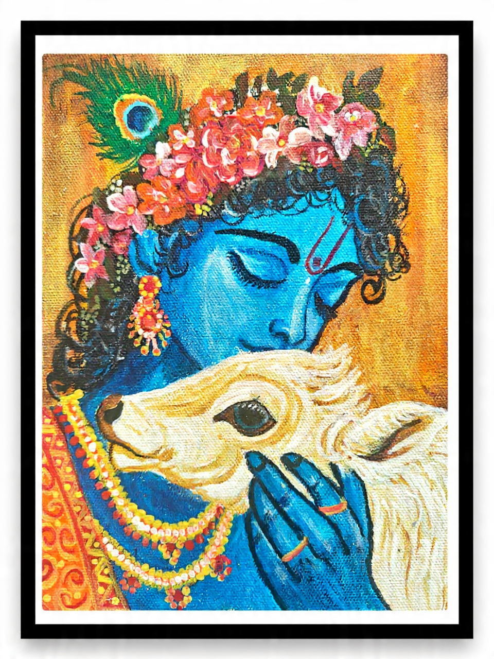 Krishna with Calf – Divine Love Hand-Painted Canvas by Anamika Bhakat