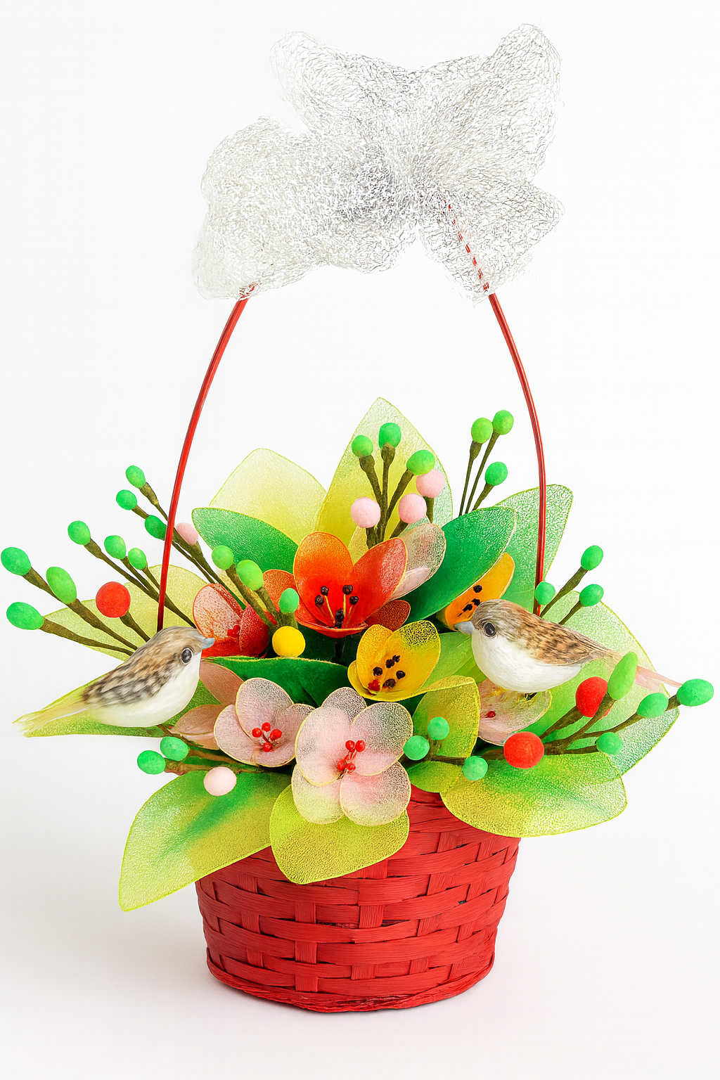 Handcrafted Nylon Stocking Flower Basket with Decorative Birds – Gift & Home Décor Piece