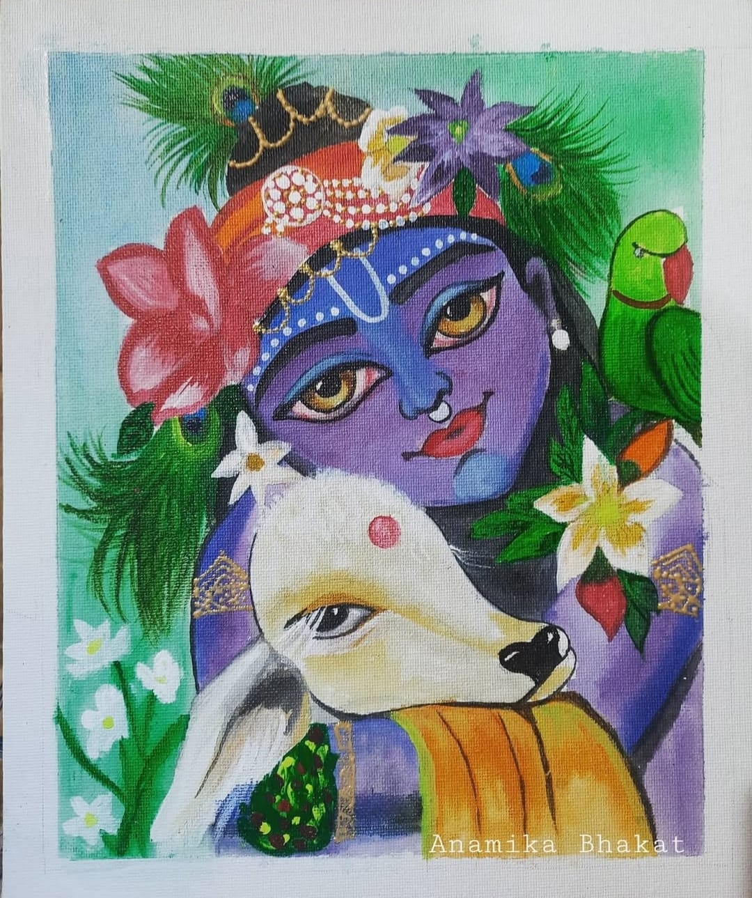 Krishna With Calf – Divine Love Acrylic Painting by Anamika Bhakat