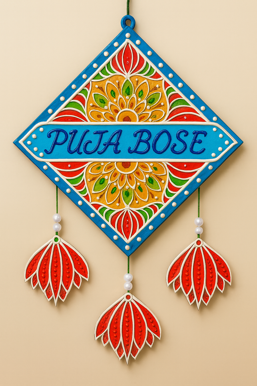 Handmade Designer Hanging Nameplate – Mandala & Lotus Theme Wall Décor (Size: 8×10 inches)