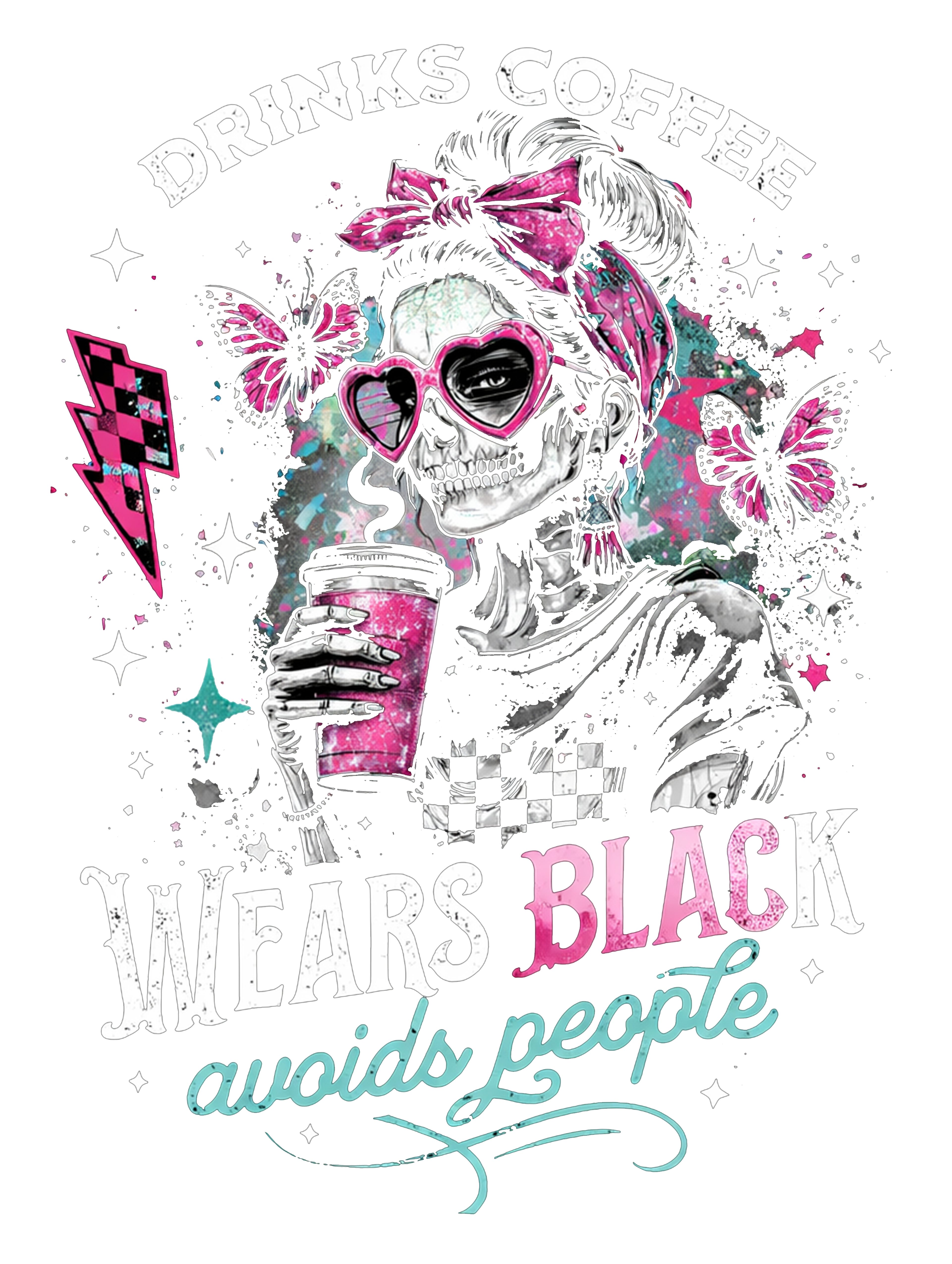 Drinks Coffee Wears Black T-Shirt DTF