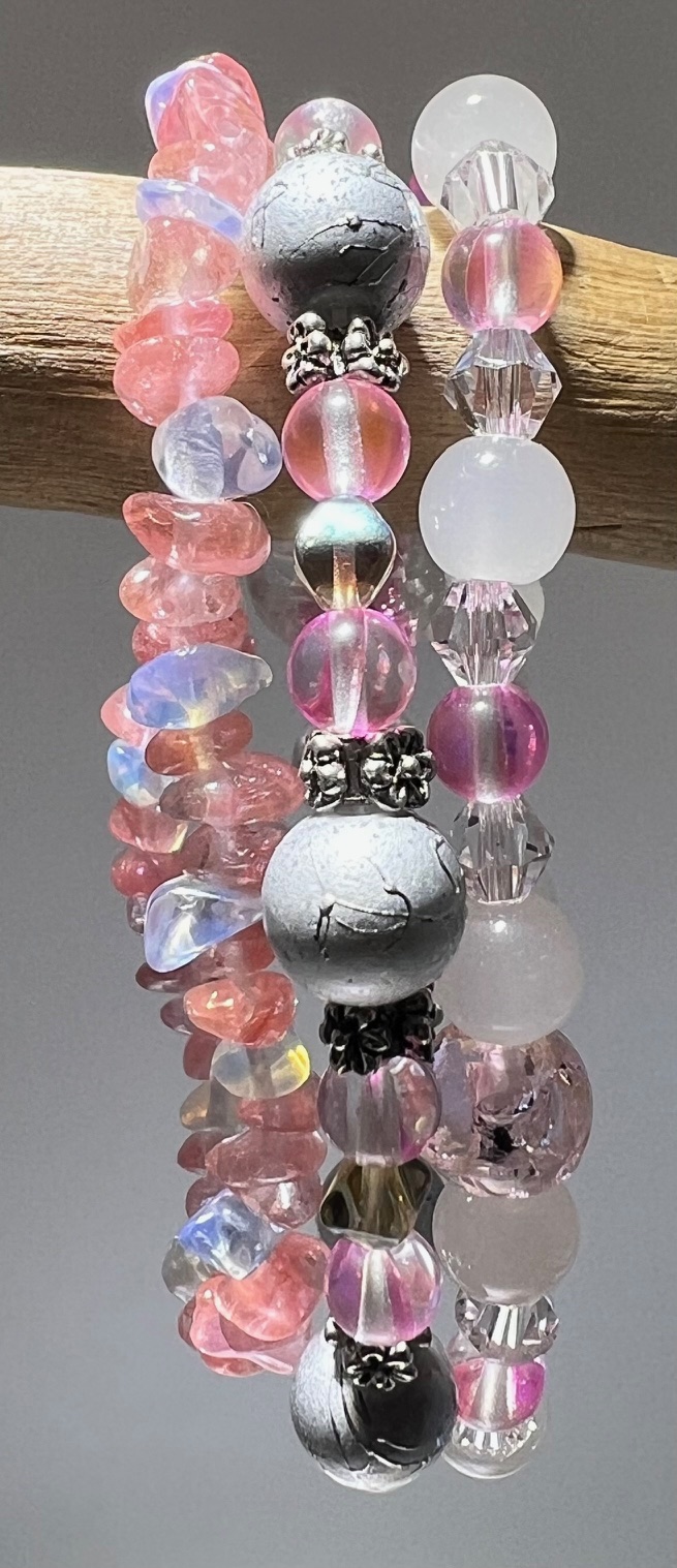 Pink and Silver Beaded Bracelets Set