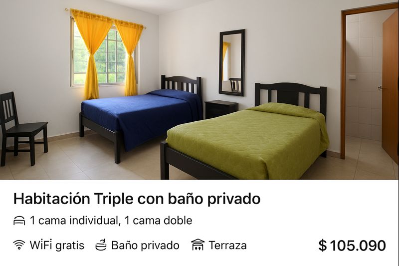 casita entre arbolesCada habitación cuenta con su propia tarifa, características y servicios. Por favor revisa la imagen y la descripción correspondiente a cada una antes de reservar. Los precios son por persona (o por habitación, según aplique)