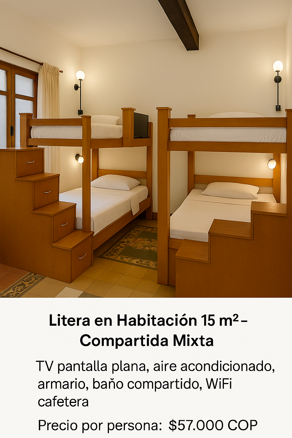 Hostal Patio de RíoCada habitación cuenta con su propia tarifa, características y servicios. Por favor revisa la imagen y la descripción correspondiente a cada una antes de reservar. Los precios son por persona (o por habitación, según aplique)