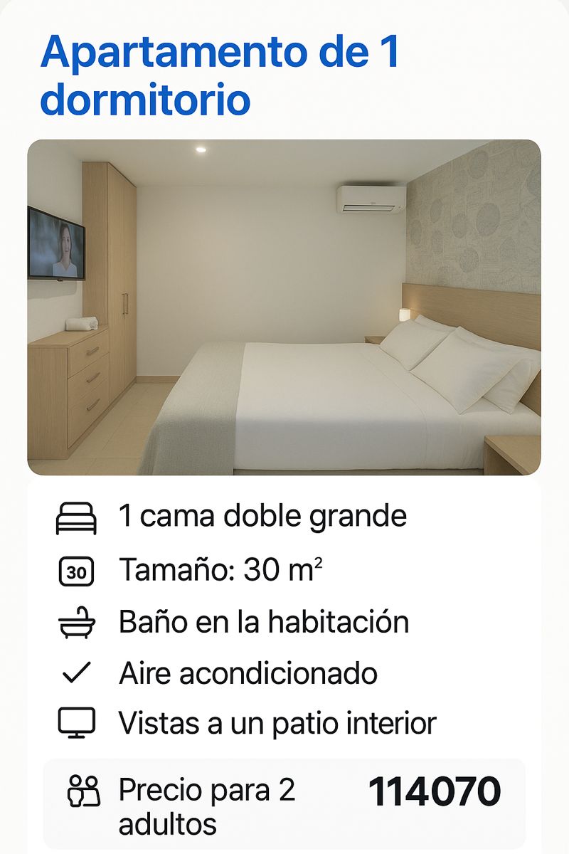 Apartamento de 1 Cada habitación cuenta con su propia tarifa, características y servicios. Por favor revisa la imagen y la descripción correspondiente a cada una antes de reservar. Los precios son por persona (o por habitación, según aplique) y pu