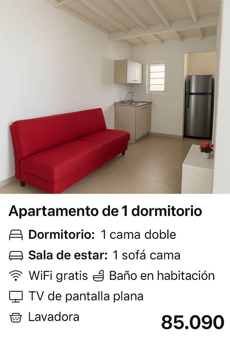Apartamento de 1 dormitorioCada habitación cuenta con su propia tarifa, características y servicios. Por favor revisa la imagen y la descripción correspondiente a cada una antes de reservar. Los precios son por persona (o por habitación, según apliq