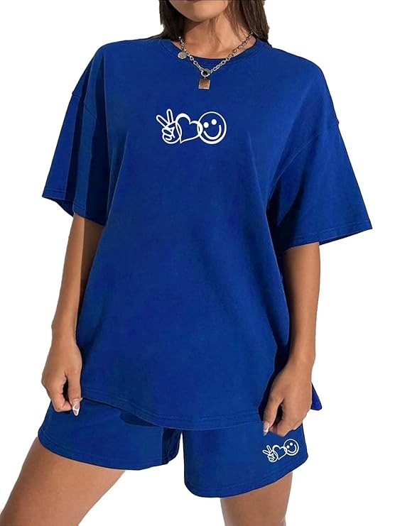 Blue Casual Graphic Shorts Set