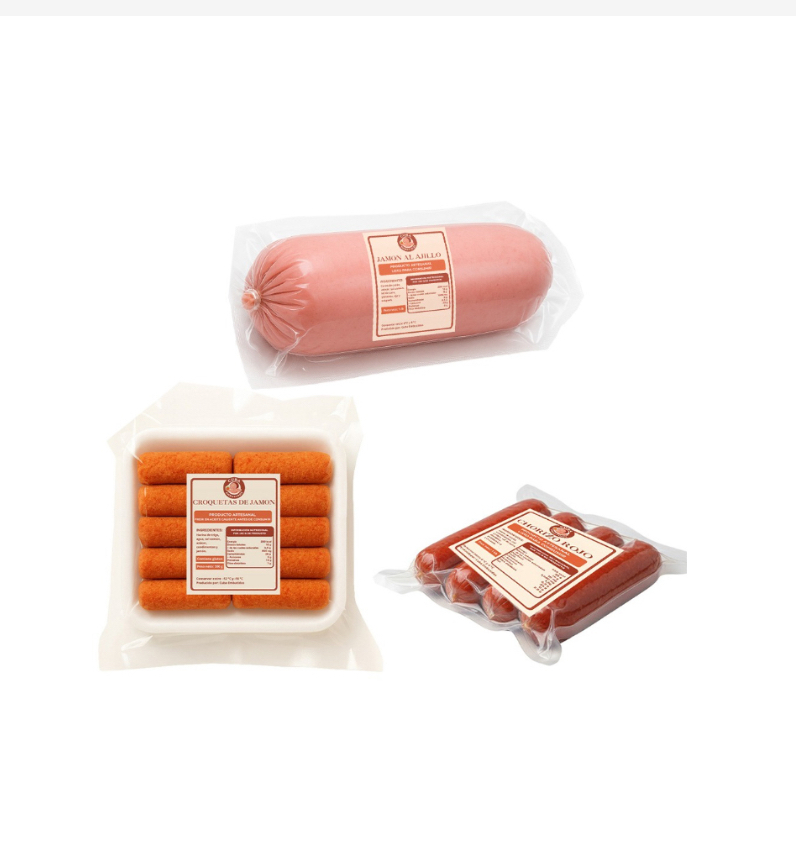 Chorizos rojos, jamón al ajillo y croquetas de jamón