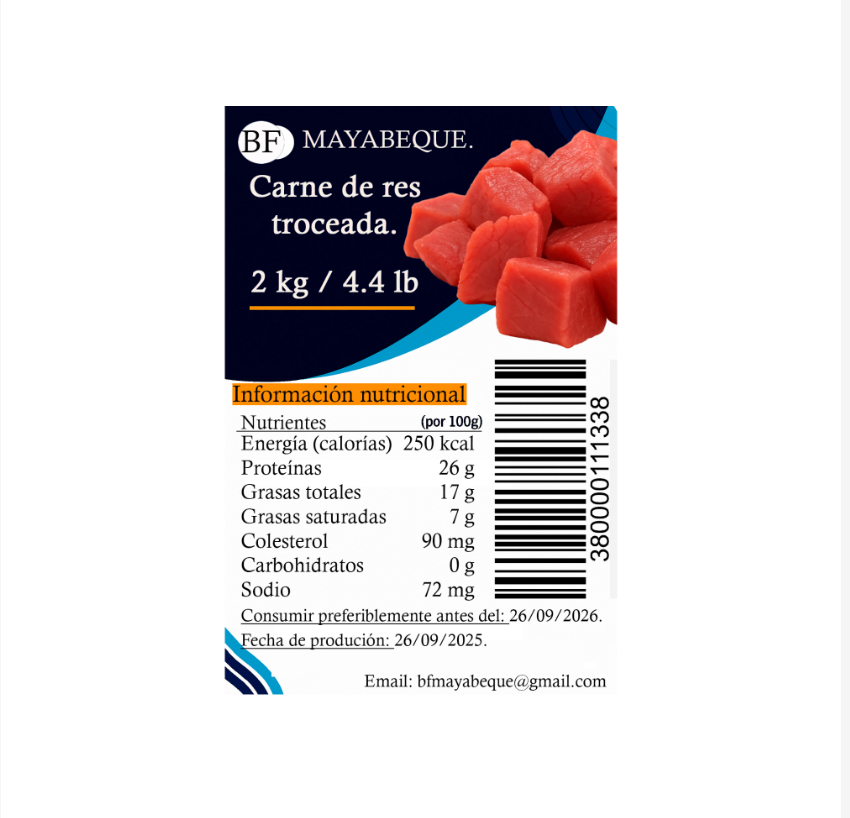 Carne de res troceada bf Mayabeque (2 kg / 4.4 lb)