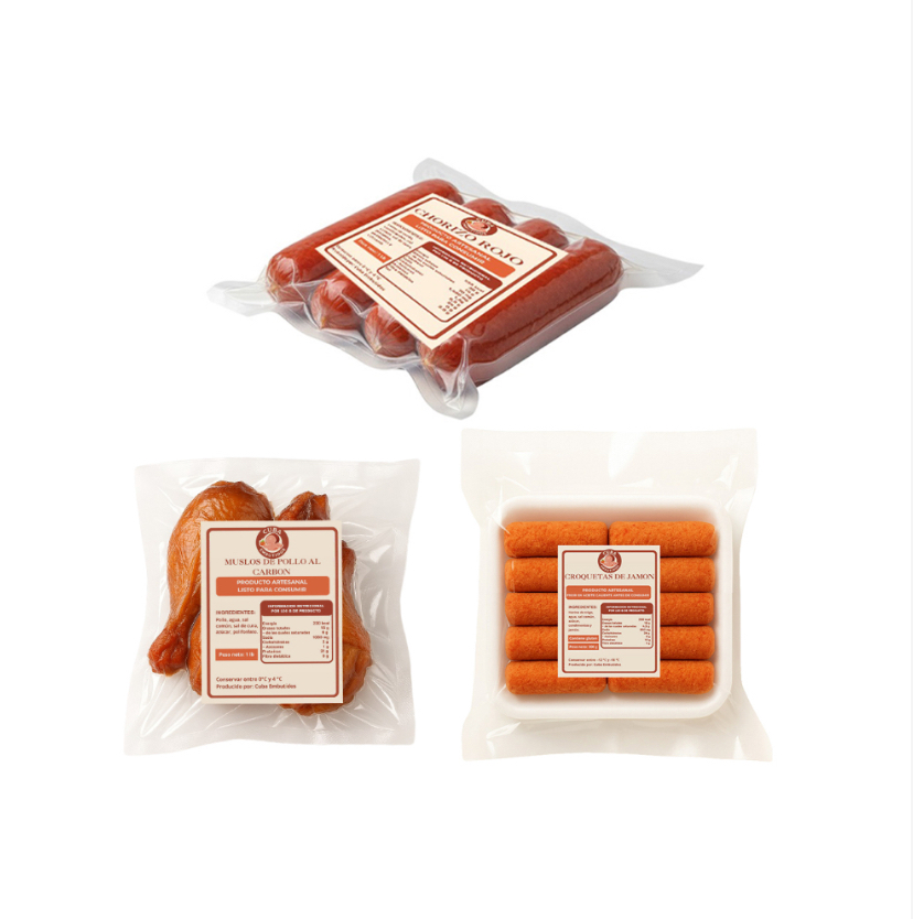 Chorizos rojos, muslos de pollo al carbón y croquetas de jamón