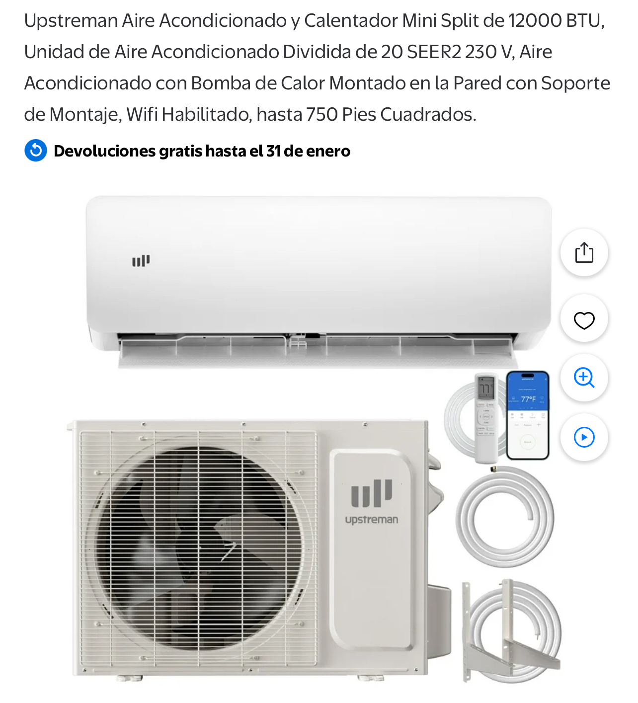 Aire acondicionado y calentador Upstreman Mini Split de 12000 BTU