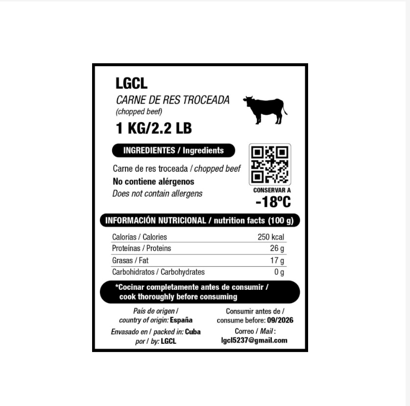 Carne de res troceada Igcl (1 kg / 2.2 lb)