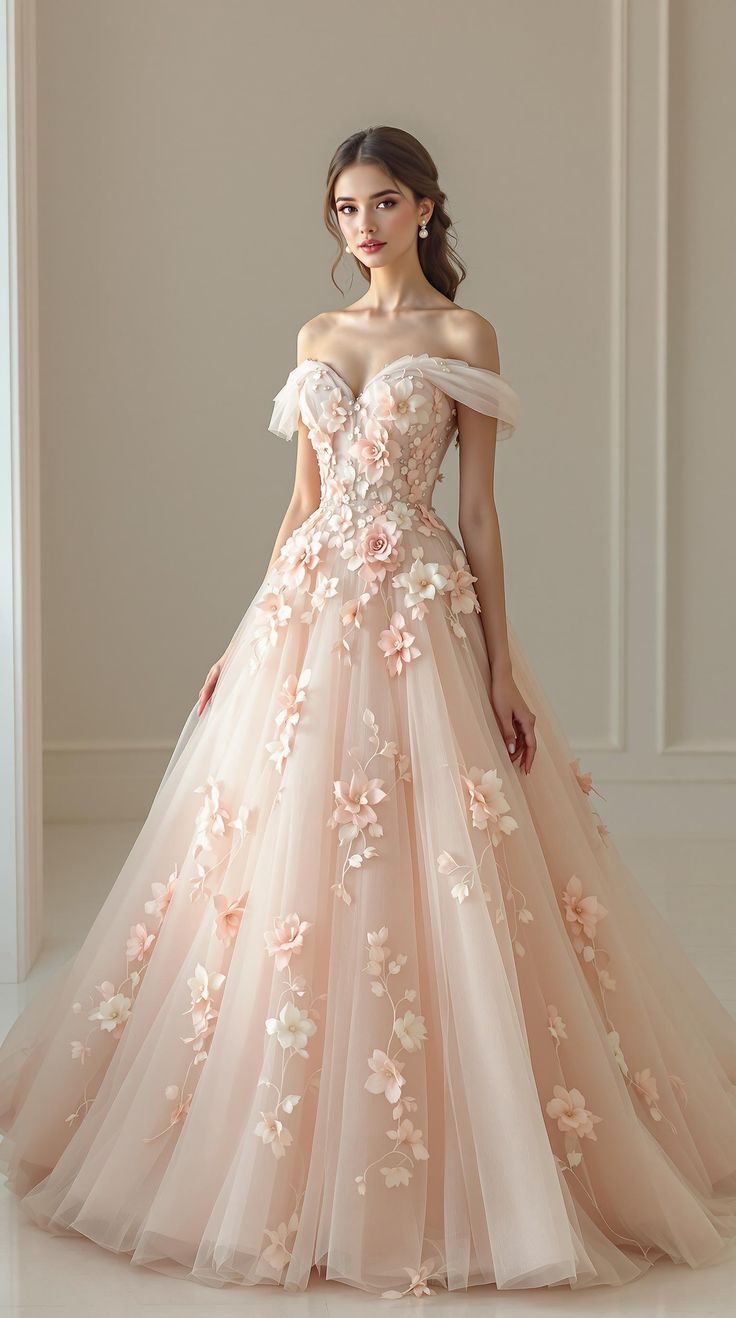 Elegant Off-Shoulder Floral Ball Gown