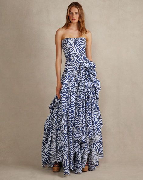 Elegant Strapless Patterned Evening Gown