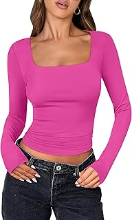 Women's Pink Square Neck Long Sleeve Top