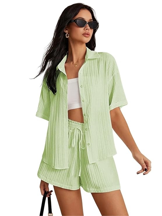 Light Green Pleated Casual Two-Piece Set