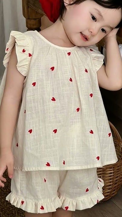 Girls' Cream Heart Print Ruffle Set