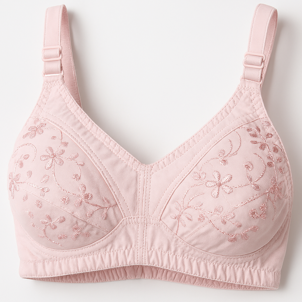 Cotton Embroidered Chikan Pink Soft Bra For Women –  Adjustable Straps 32-42