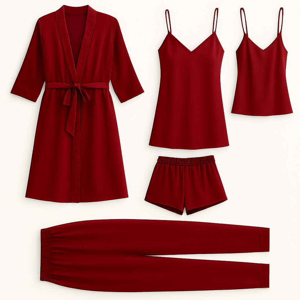 5-Piece Satin Sleepwear Set – Robe, Camisole, Shorts, Pants & Slip Dress (DC-5002) - Black