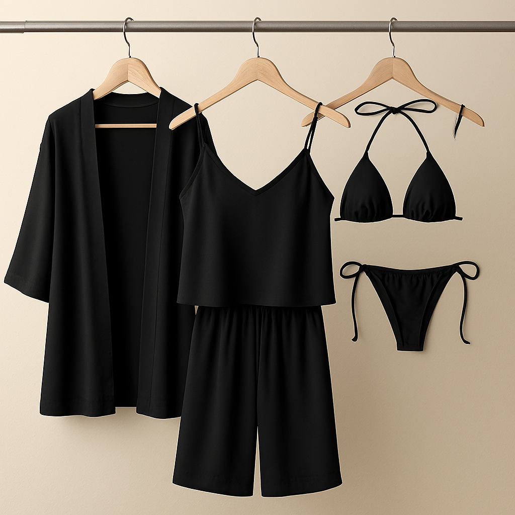 5-Piece Satin Sleepwear Set – Robe, Camisole, Pants & Bikini Nightwear ( DC-5002) - Black