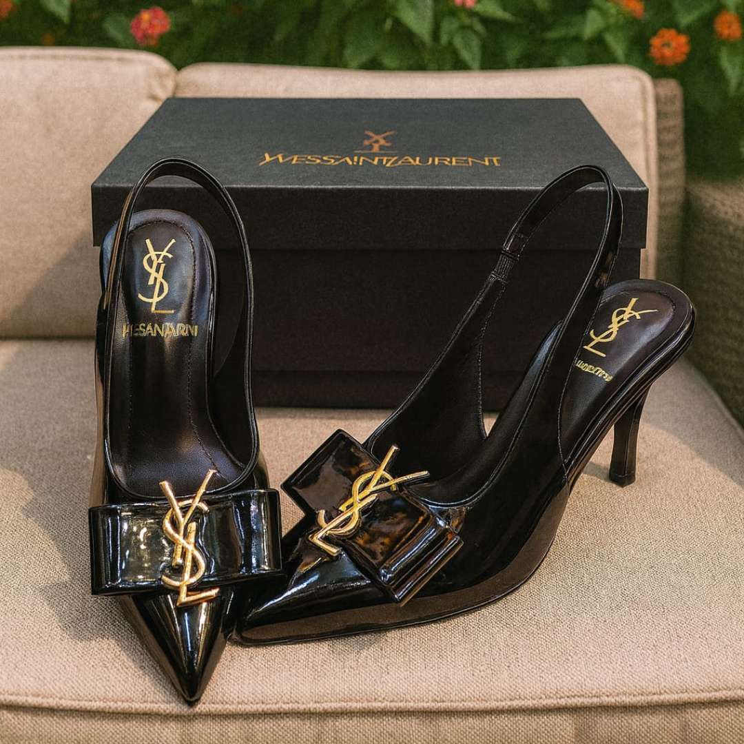 Luxury Heel Shoes For Women – Stylish Slingback Design With Gold Accent Bow