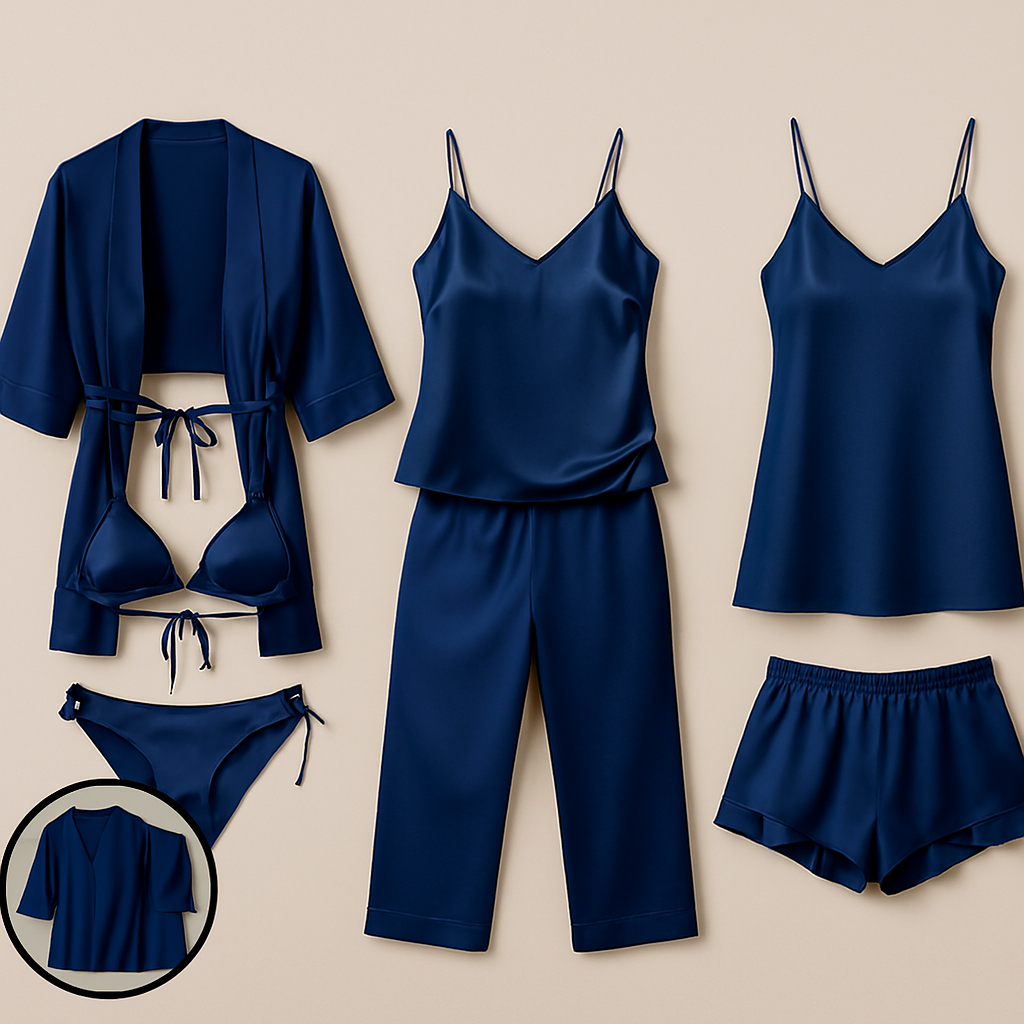 7-Piece Satin Sleepwear & Lingerie Set For Women – Luxury Nightwear Collection, Maroon, Blue, Black