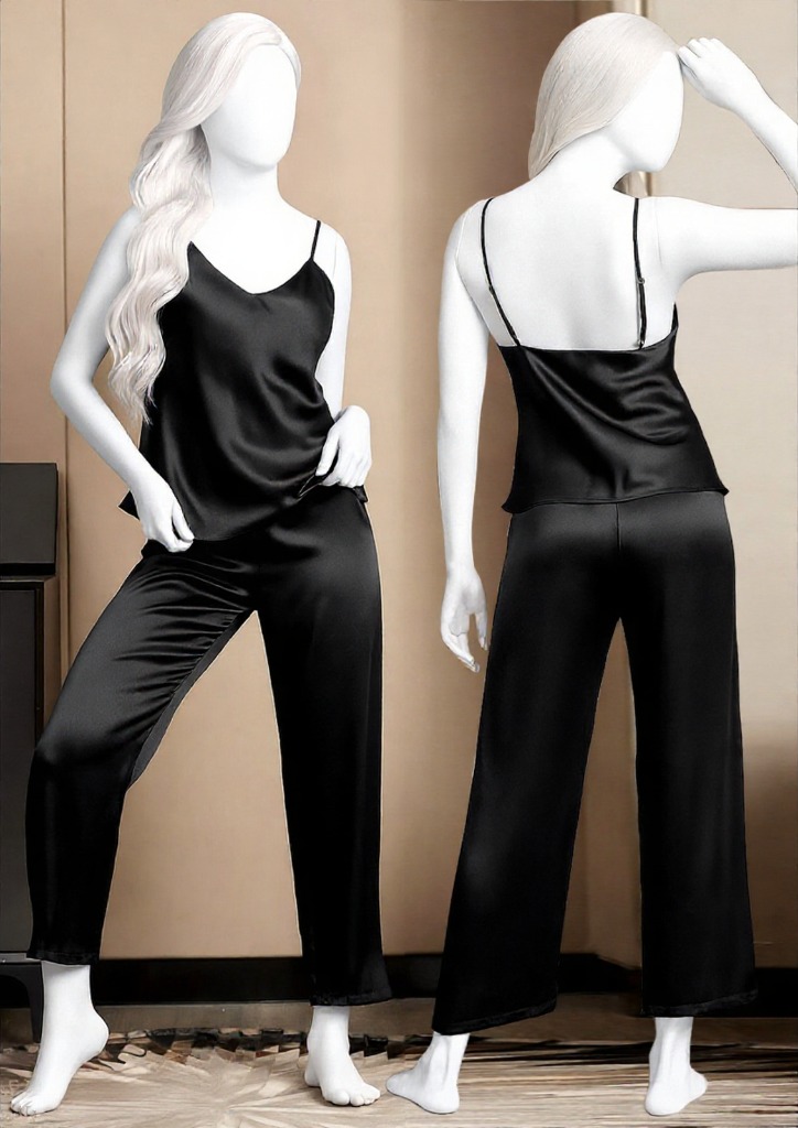 Satin Sleepwear Set – Spaghetti Top & Loose Trouser – Free Size 28-38 - Black/blue/maroon