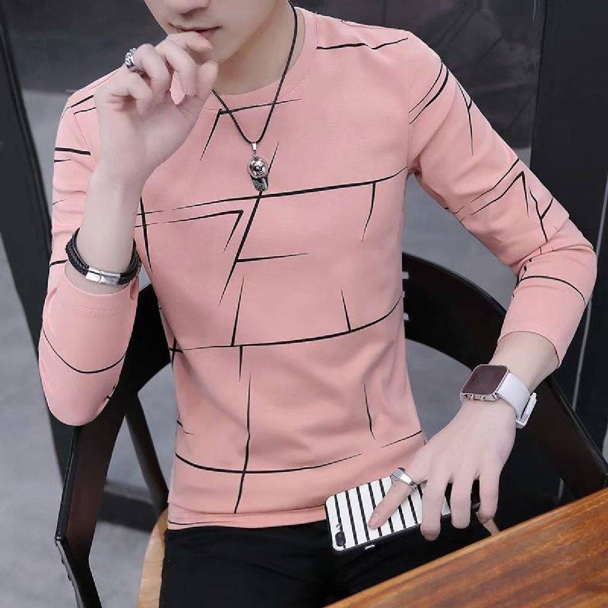 Fancy Cotton Jersey Full Sleeves T Shirt For Men | Best Quality Full Sleeves T Shirt For Men | T Shirt For Boys - Pink T-Shirt With Black Print  - L