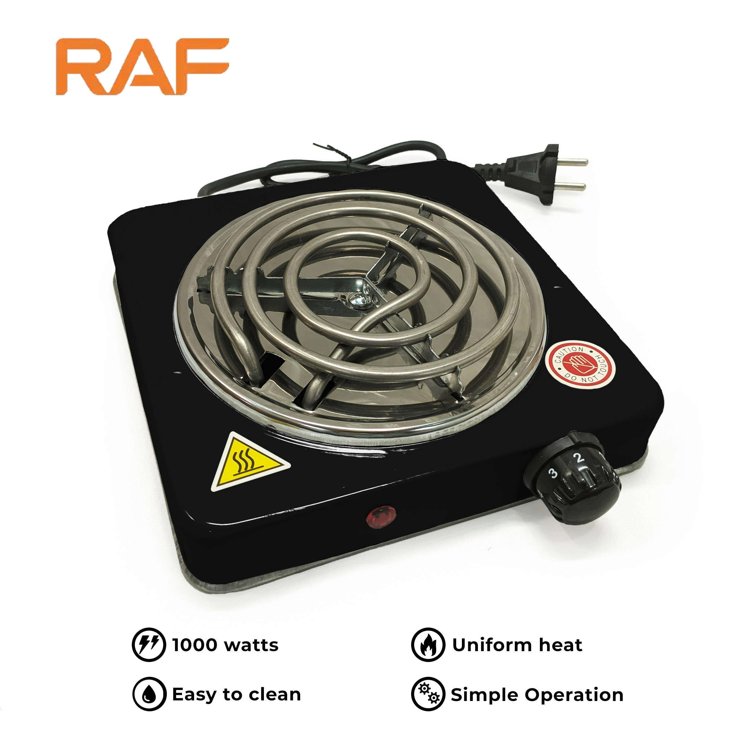 Black RAF R.8010B Electric Stove Hot Plate 1000W Power, Thermostat, and Uniform Heating