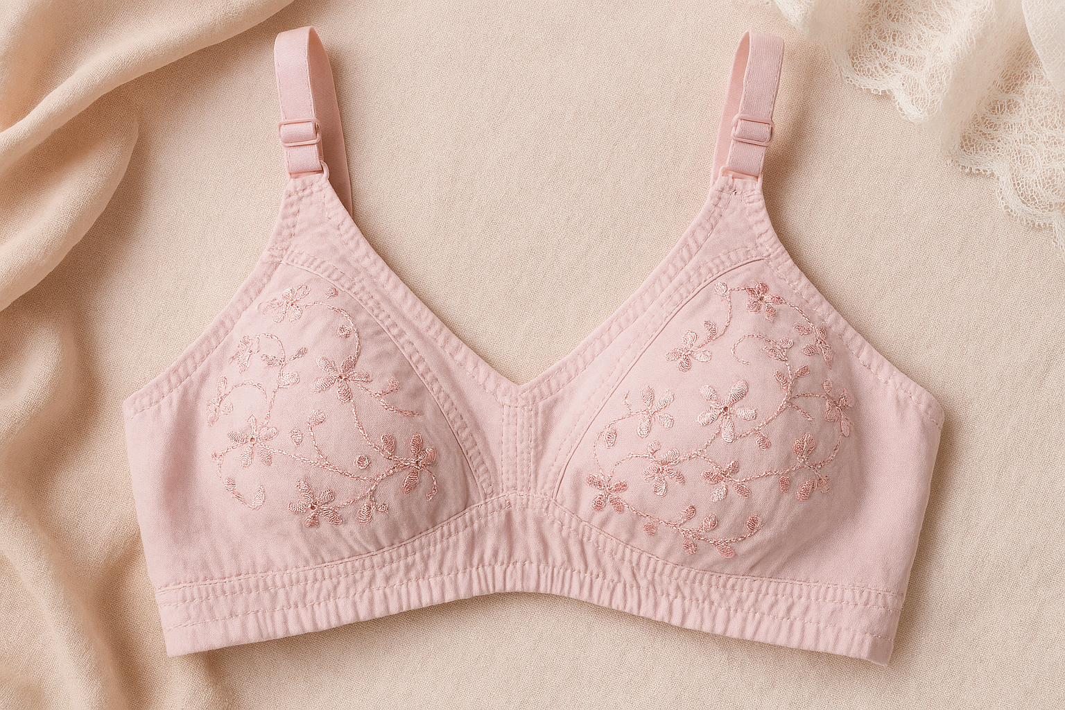 Cotton Embroidered Chikan Pink Soft Bra For Women –  Adjustable Straps 32-42
