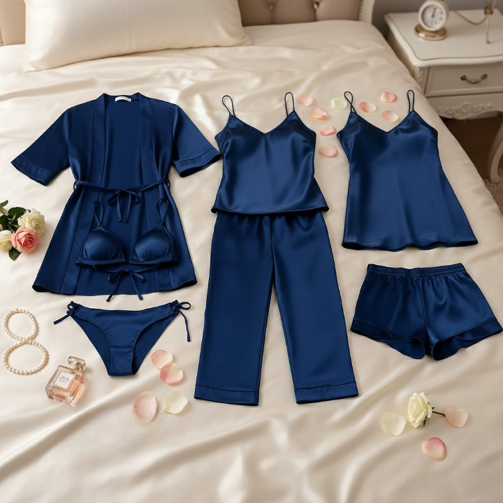 7-Piece Satin Sleepwear & Lingerie Set For Women – Luxury Nightwear Collection, Maroon, Blue, Black
