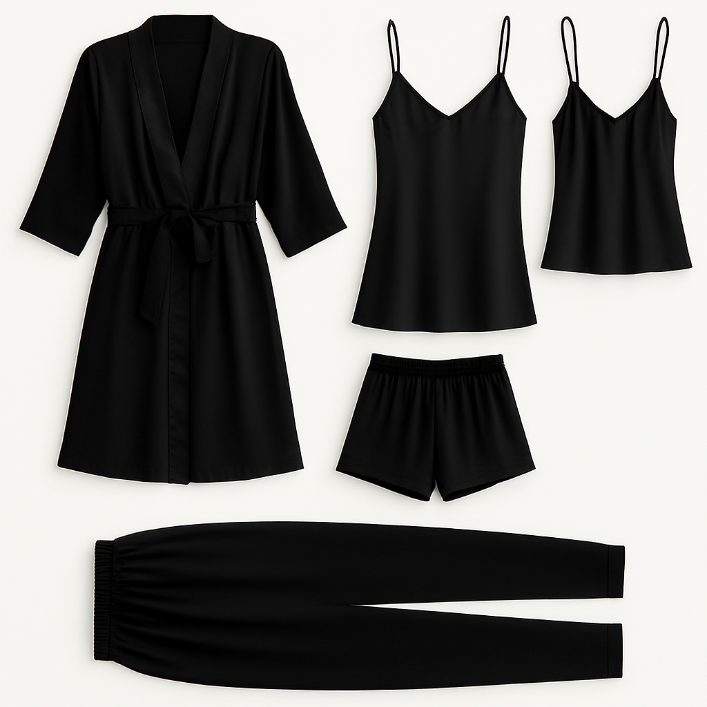 5-Piece Satin Sleepwear Set – Robe, Camisole, Shorts, Pants & Slip Dress (DC-5002) - Black