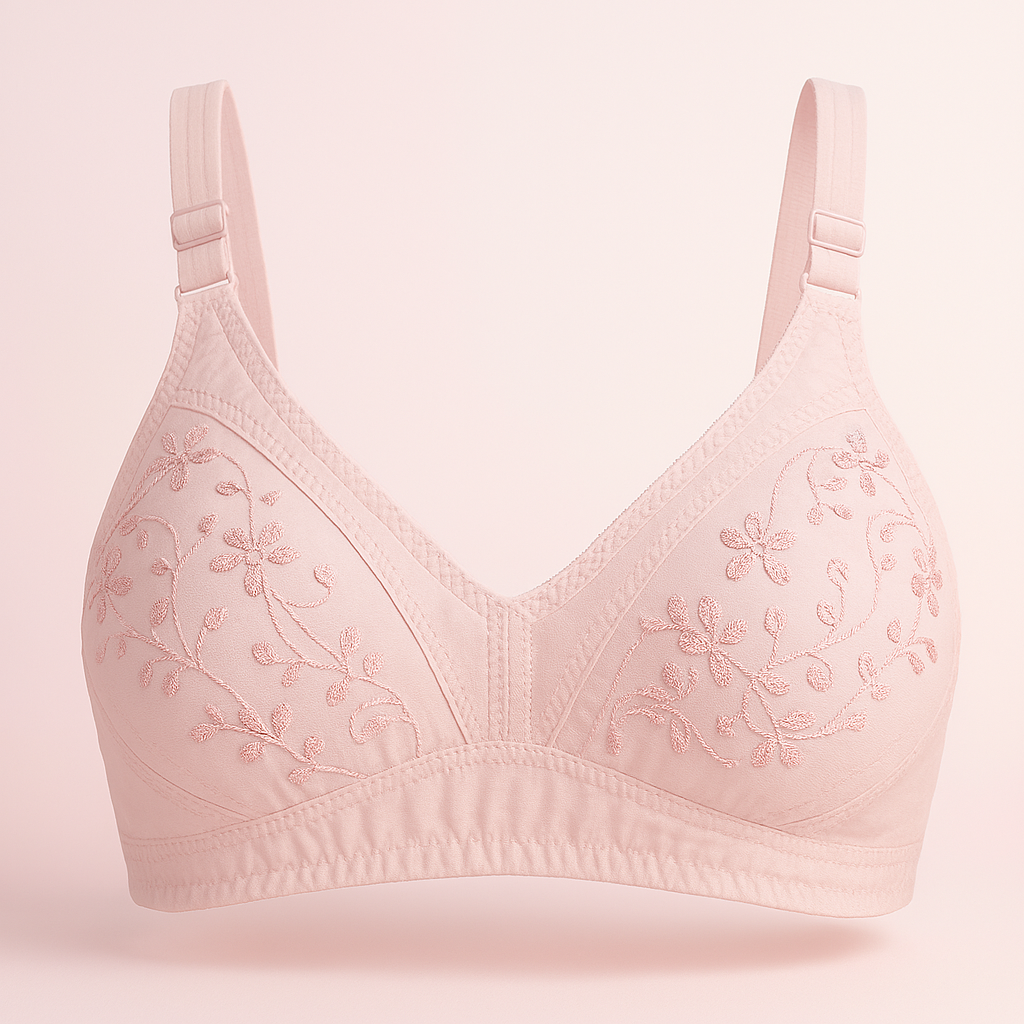 Cotton Embroidered Chikan Pink Soft Bra For Women – Adjustable Straps 32-42