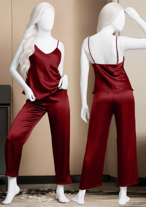 Satin Sleepwear Set – Spaghetti Top & Loose Trouser – Free Size 28-38 - Black/blue/maroon