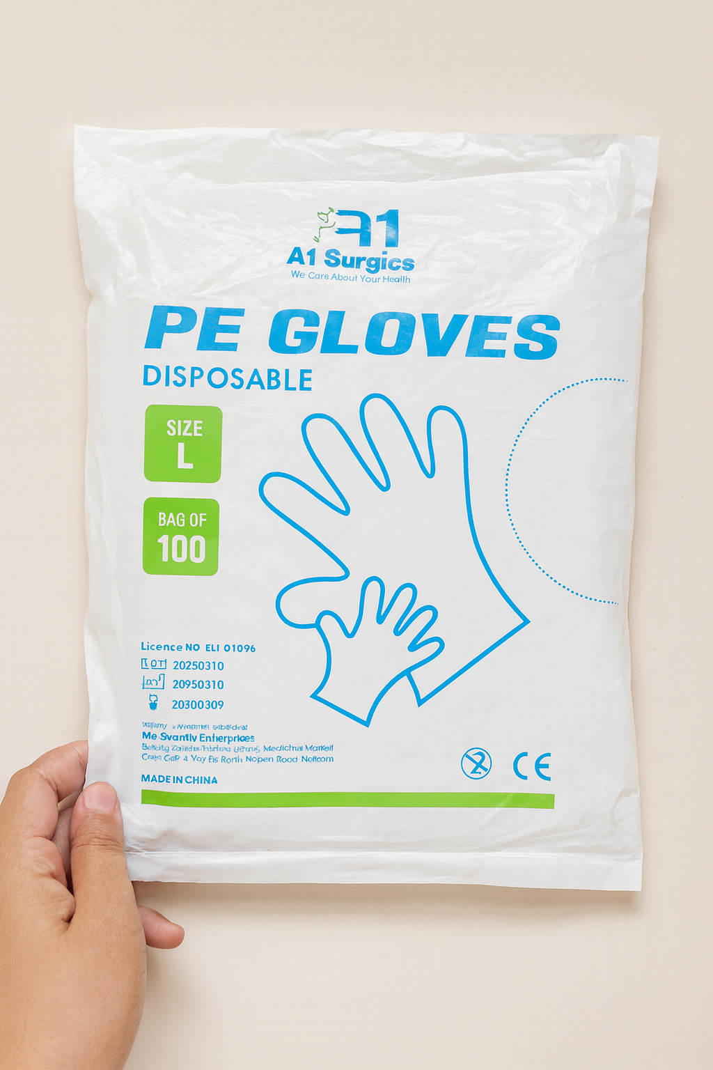 A1 Plastic Disposable Gloves Size Standard Large 100 PCs Box