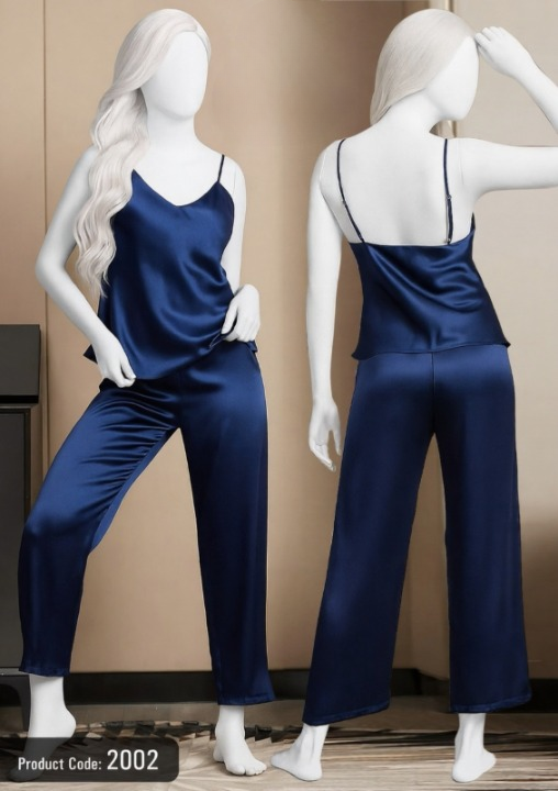 Satin Sleepwear Set – Spaghetti Top & Loose Trouser – Free Size 28-38 - Black/blue/maroon