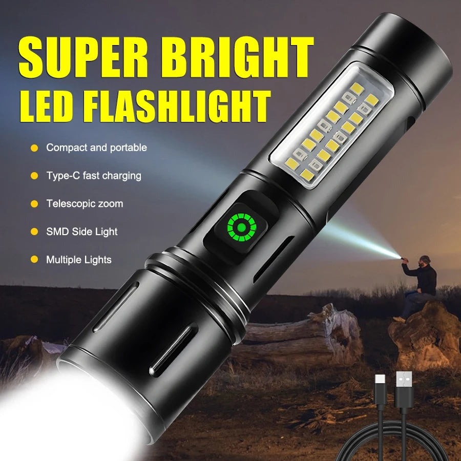Rechargeable LED Flashlight Powerful Zoom Torch With Long Battery Life And Bright Light
