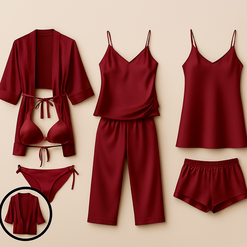 7-Piece Satin Sleepwear & Lingerie Set For Women – Luxury Nightwear Collection, Maroon, Blue, Black