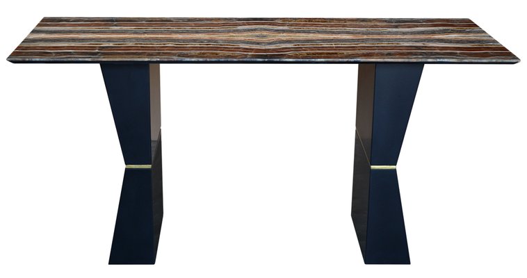 Console Table with Onyx Top, Black Lacquered Wood Legs & Handcrafted Brass Decoration