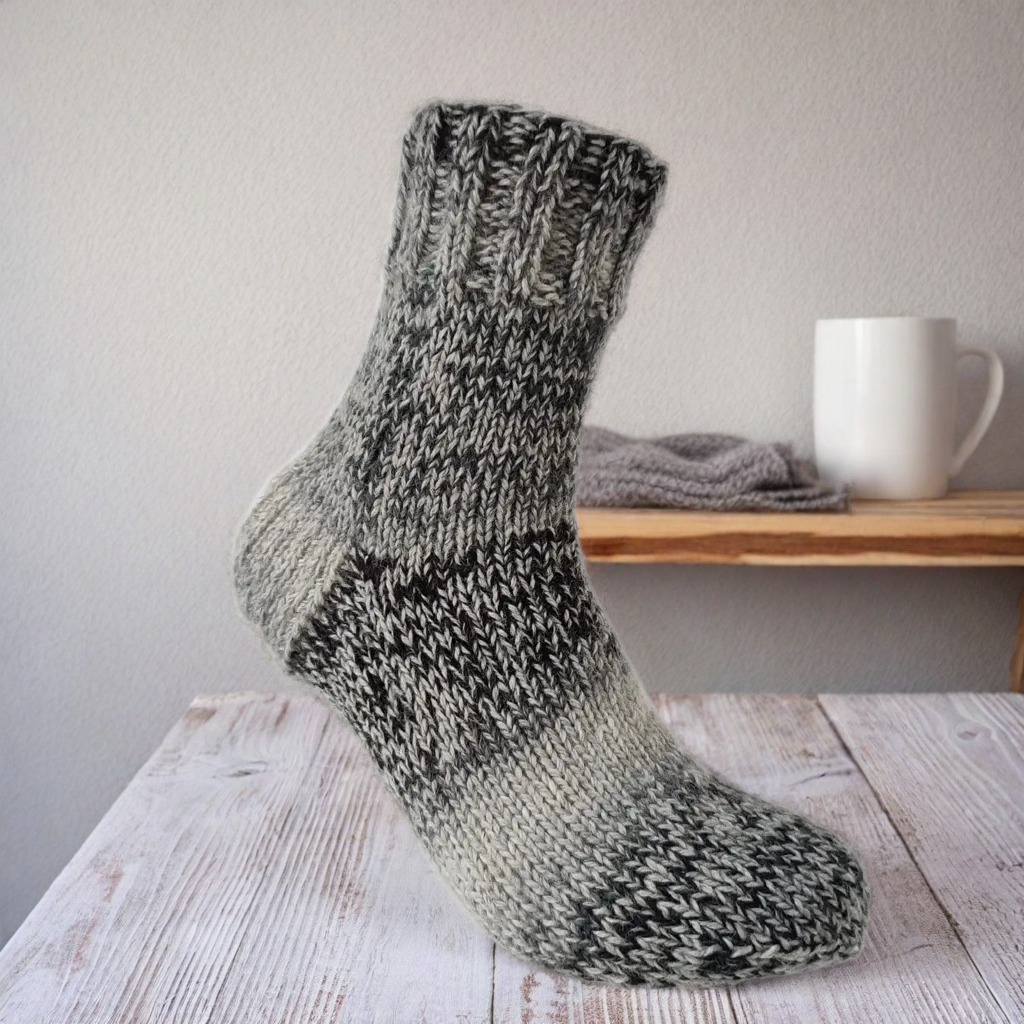 Hand Knit Women Wool Socks Grey - Black