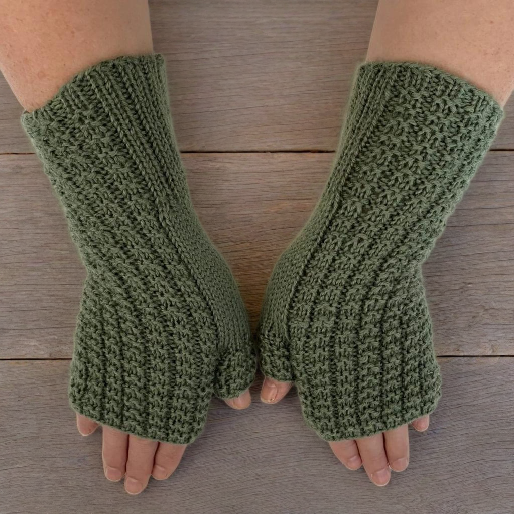 Hand Knit Women Fingerless Wool Gloves Laurel Green