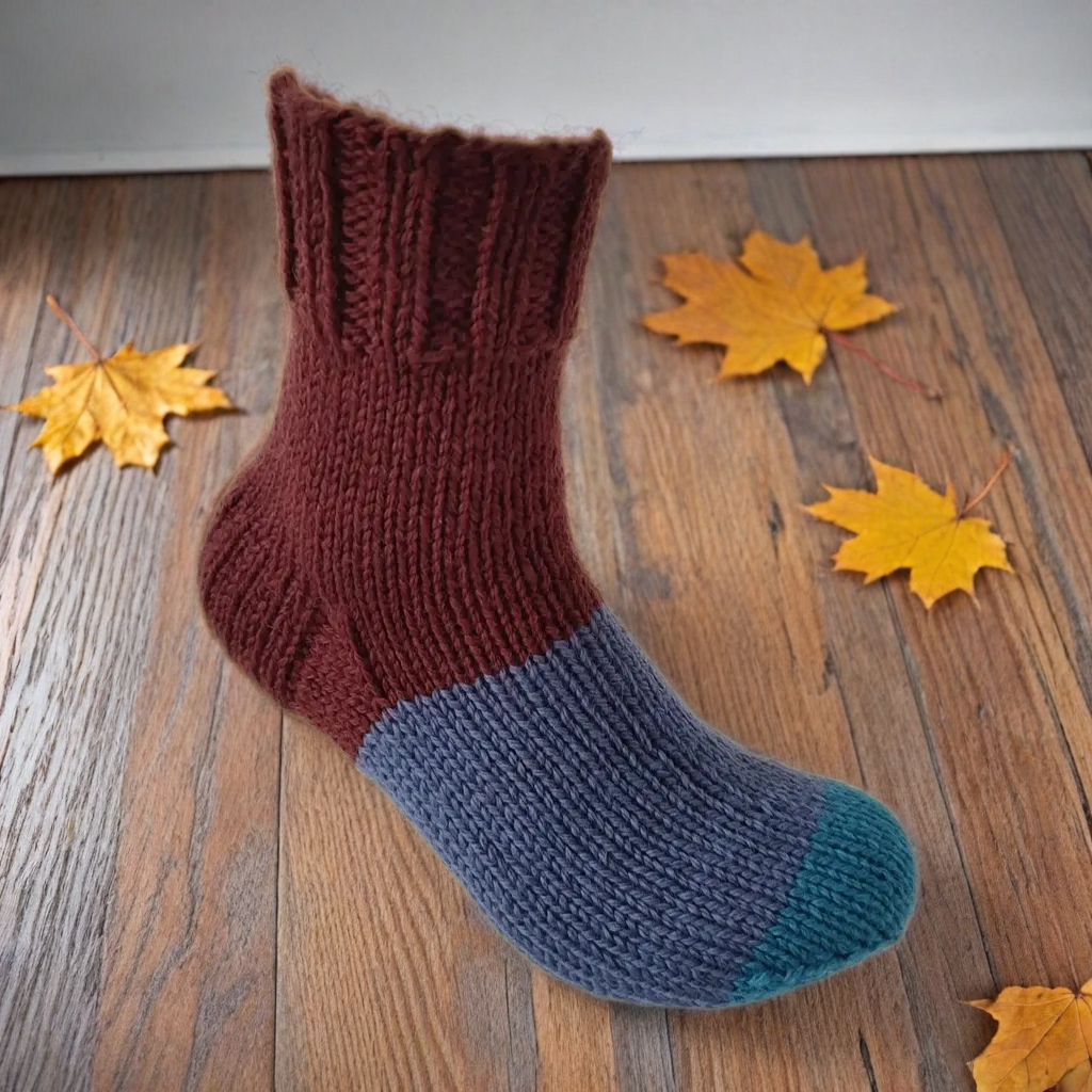 Hand Knit Women Wool Socks Maroon - Blue
