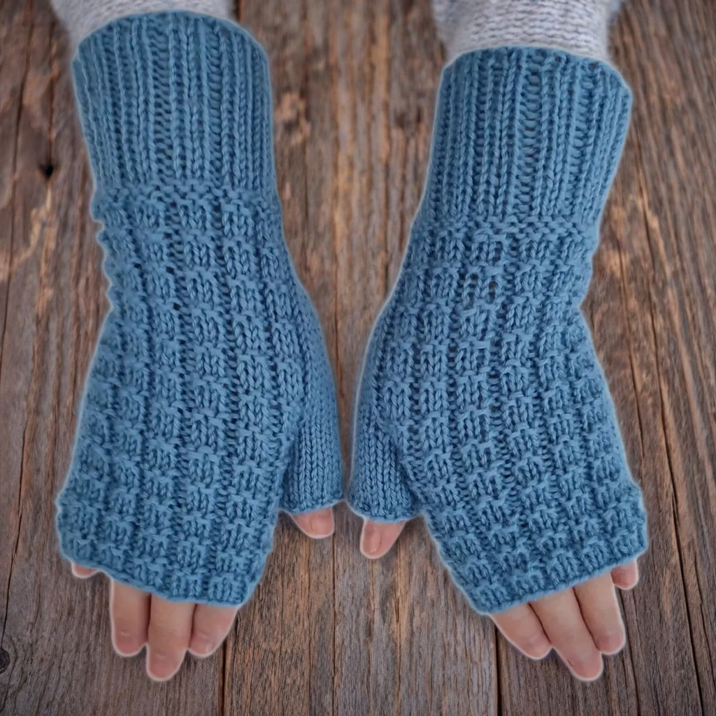 Hand Knit Women Fingerless Wool Gloves Denim Blue