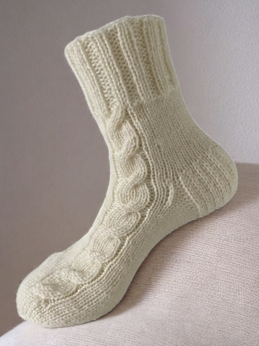 Hand Knit Women Wool Socks White - Braids