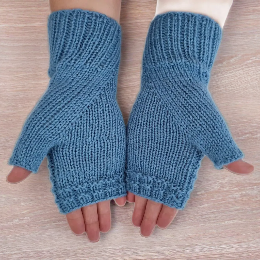 Hand Knit Women Fingerless Wool Gloves Denim Blue