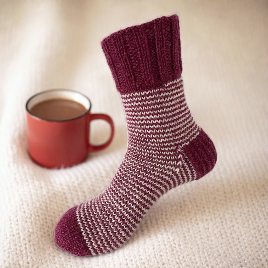 Hand Knit Women Wool Socks Rose – White