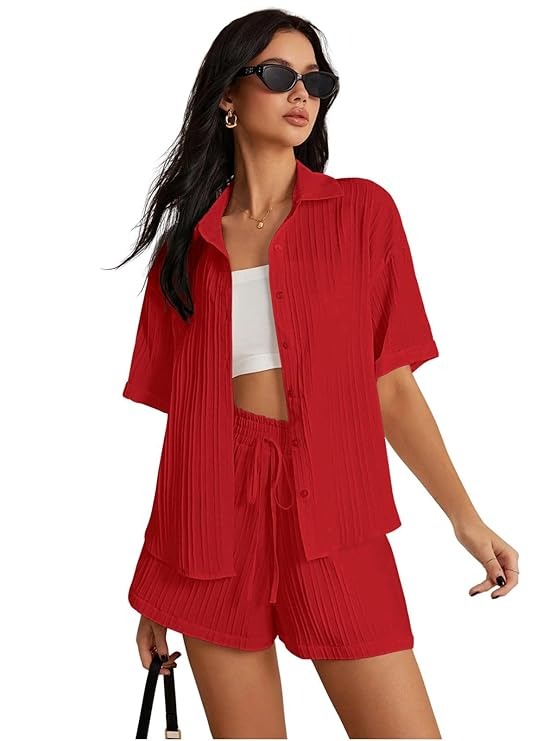 Red Pleated Short Set