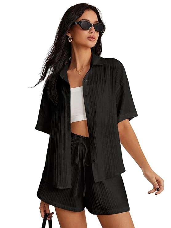 Black Pleated Two-Piece Lounge Set