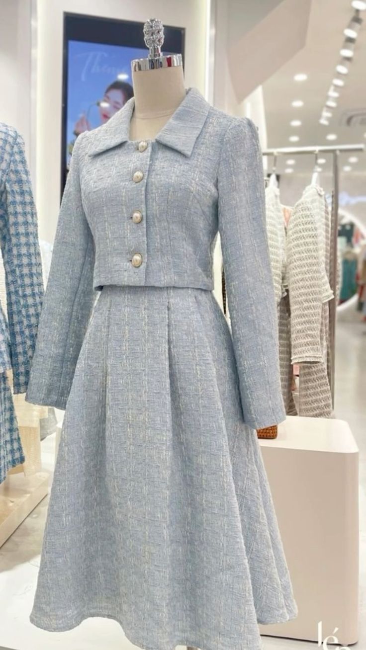 Elegant Light Blue Tweed Dress Set