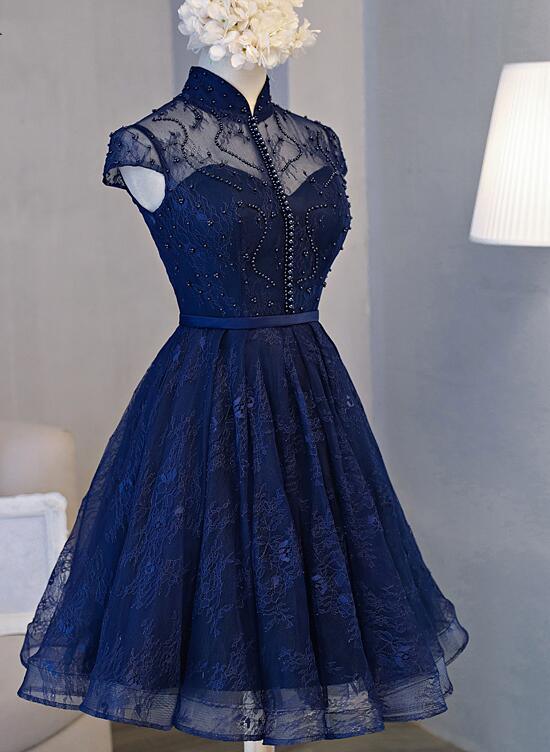 Elegant Navy Blue Lace Party Dress